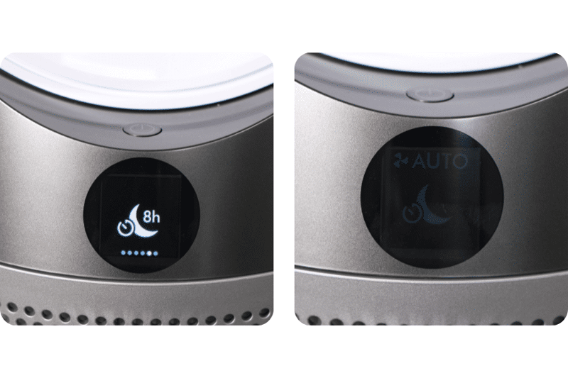 Die ausgewählte Zeit des Sleep-Timers wird im linken Bild angezeigt. Das ausgeschaltete Display im Nachtmodus im rechten Bild vom Dyson Pure Humidify and Cool PH01 Luftreiniger.